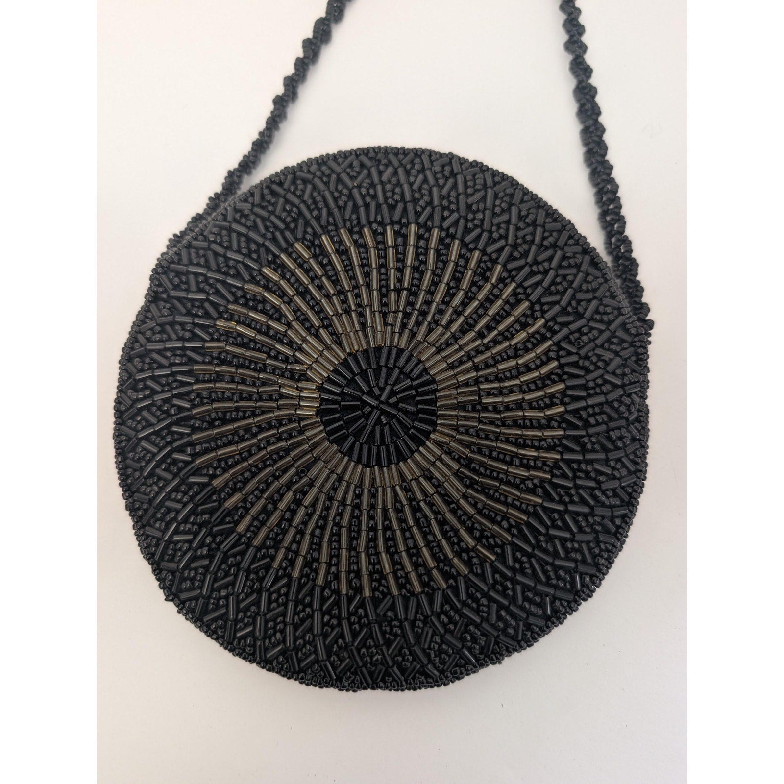 Vintage Round Beaded Crossbody Bag Black Sunburst Bugle Bead Evening Purse