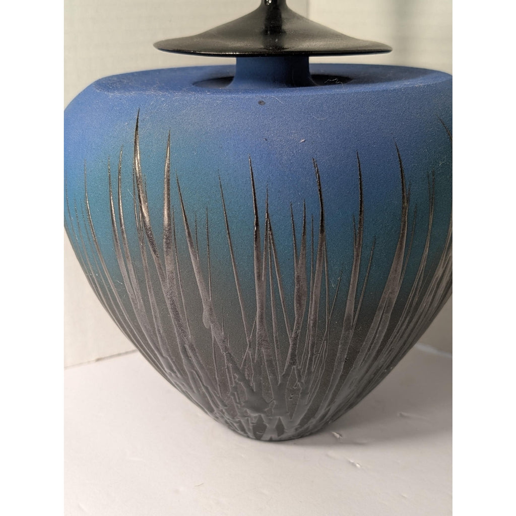 Modernist Studio Art Pottery Lidded Vessel Ombre Blue Sgraffito Grass Tall Spire Finial Signed