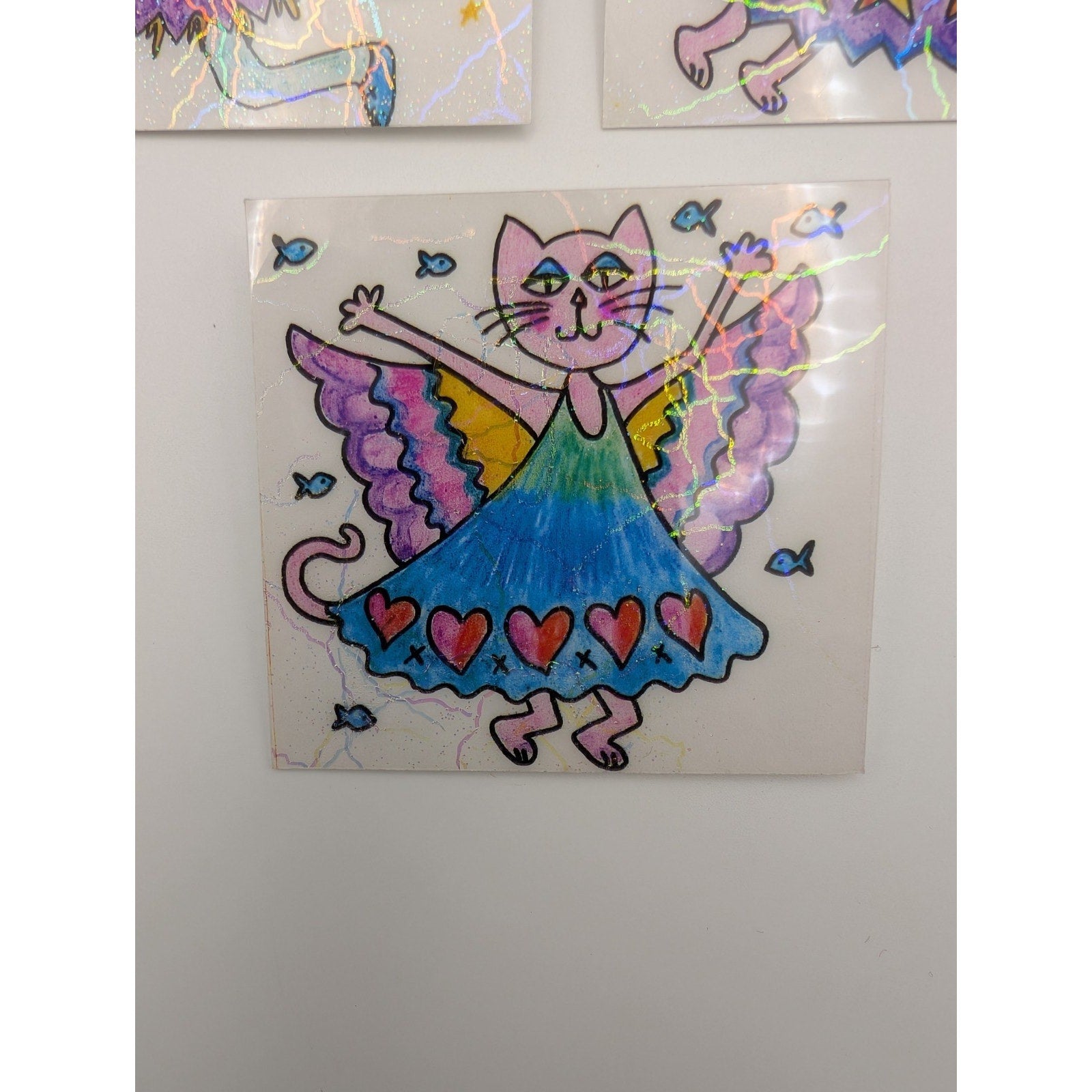 Set of 3 Vintage Holographic Whimsical Fairy Cat Pins