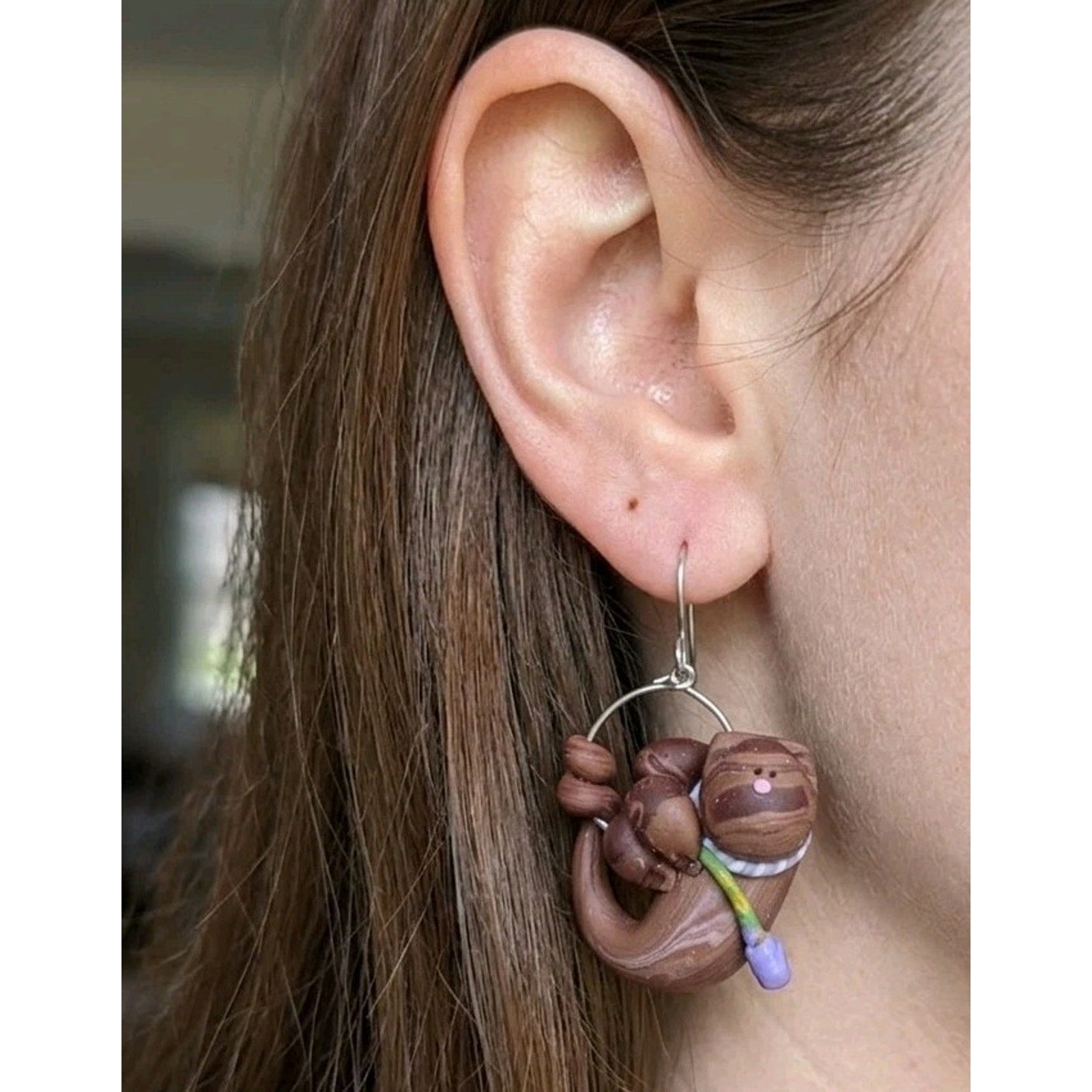 VIntage Chameleon Club Cat with Flower Polymer Clay Earrings by Debby Pasquale
