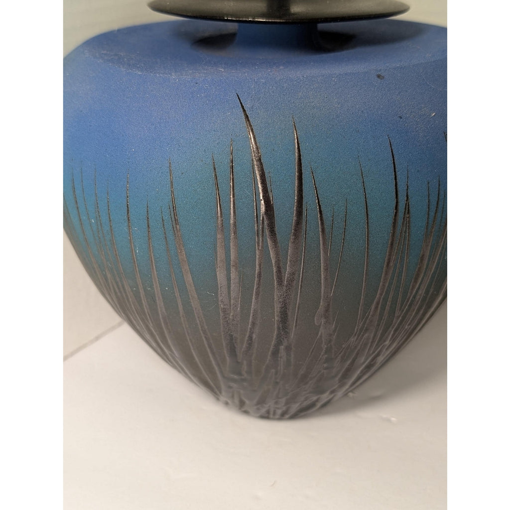 Modernist Studio Art Pottery Lidded Vessel Ombre Blue Sgraffito Grass Tall Spire Finial Signed