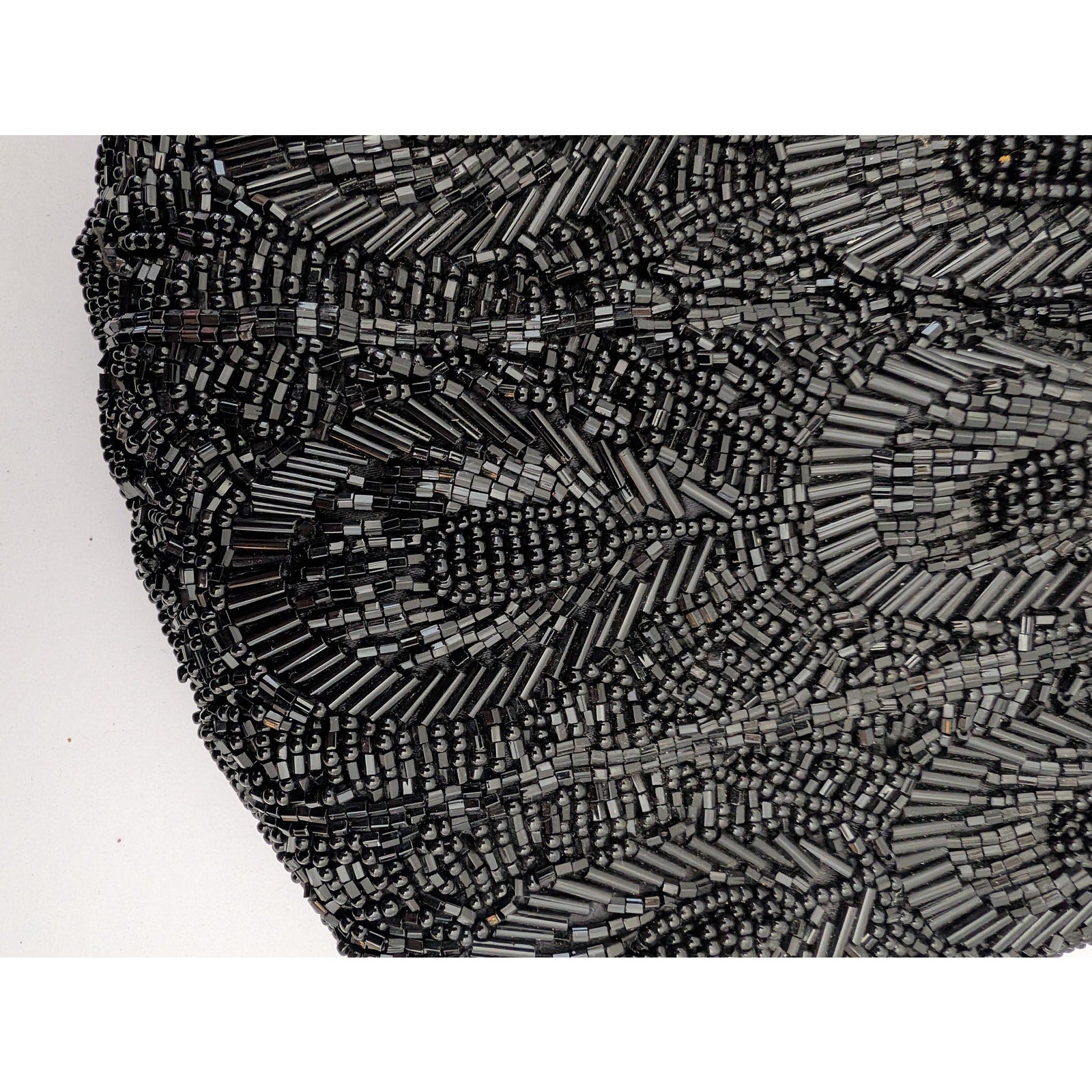 Vintage Black Beaded Drawstring Reticule Purse Handbag With Peacock Feather Pattern