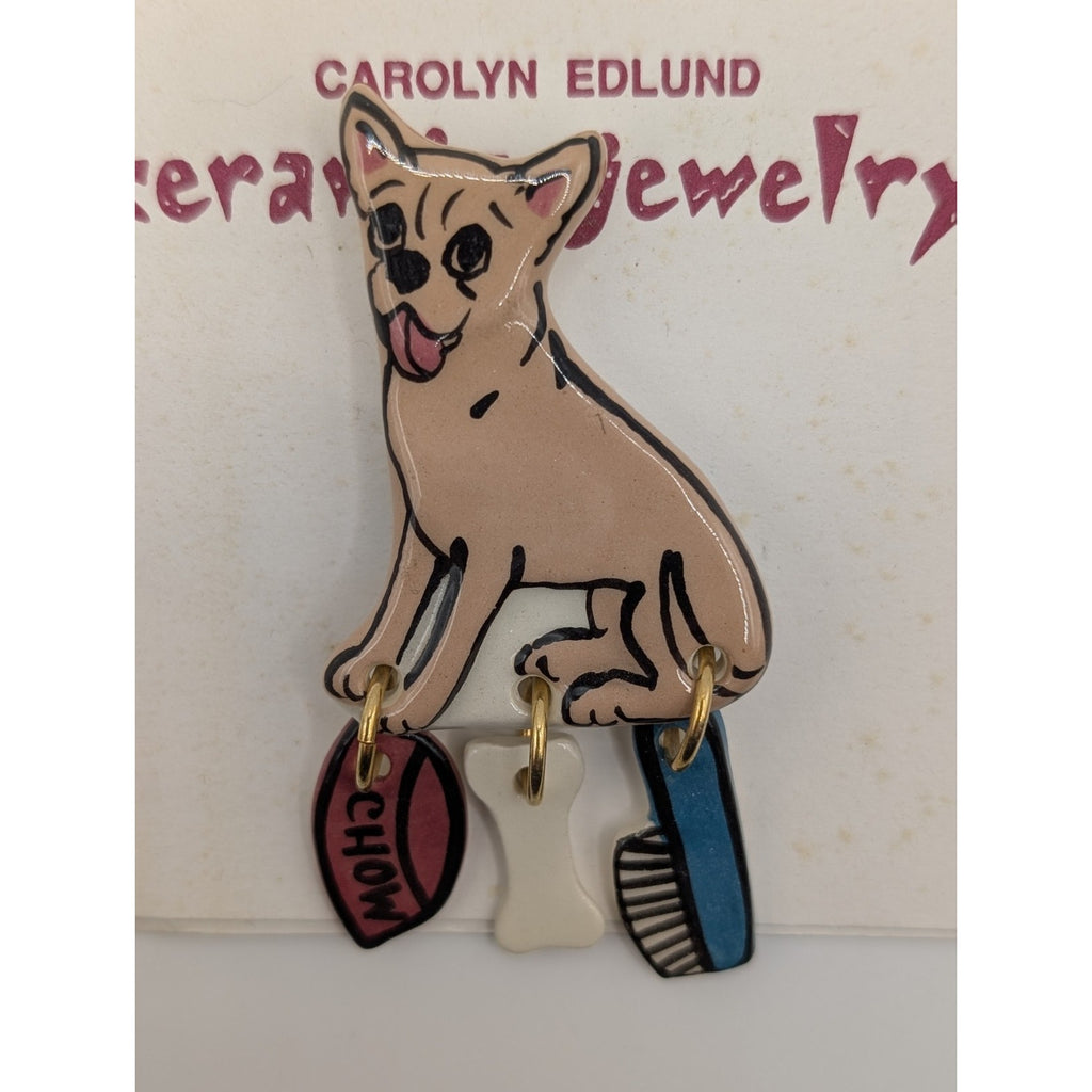 Signed Carolyn Edlund Handcrafted Ceramic Chihuahua Dog Brooch with Dangles