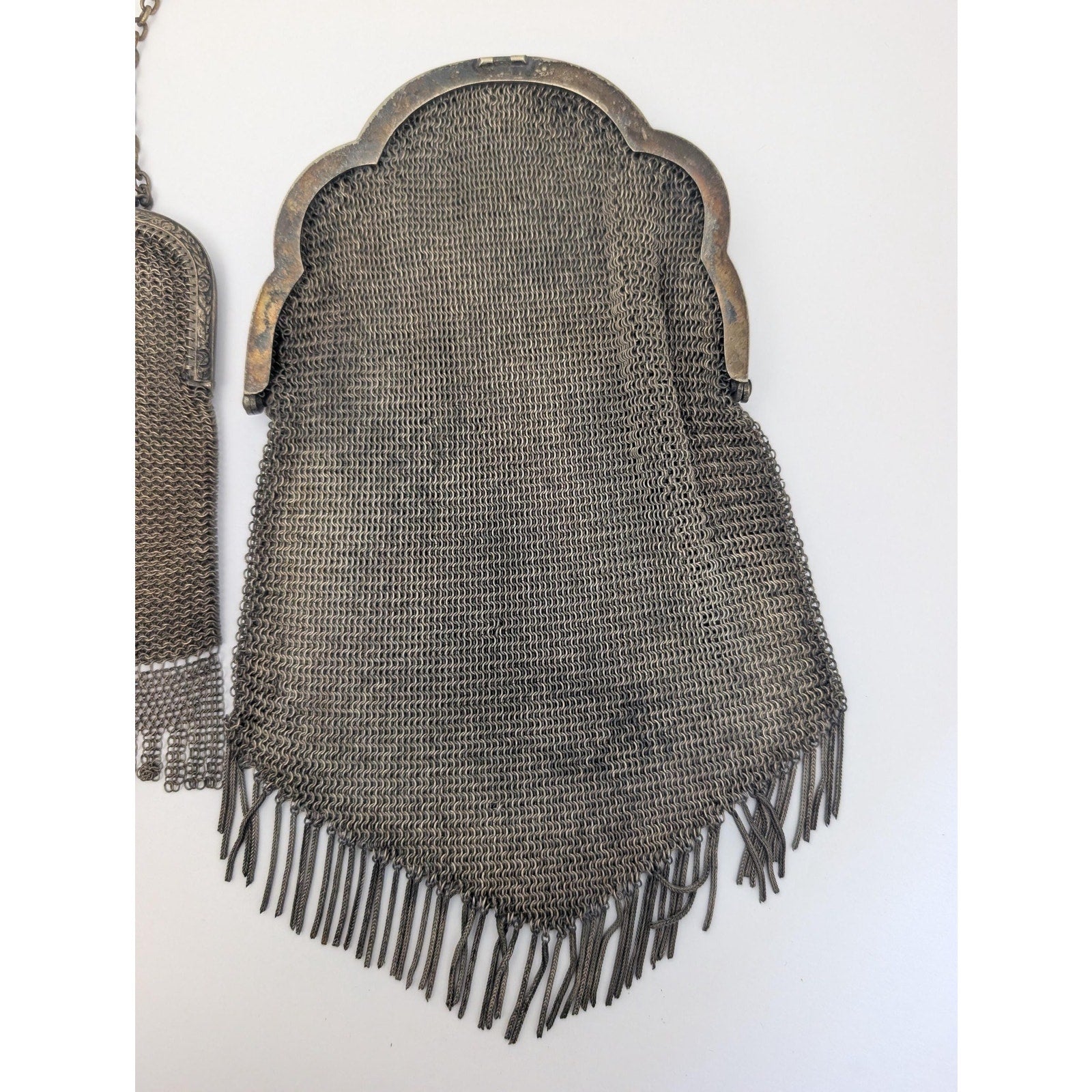 Lot of 2 Antique Art Deco Mesh Purses Gunmetal Chain Mail Tassel Fringe Flapper Bag