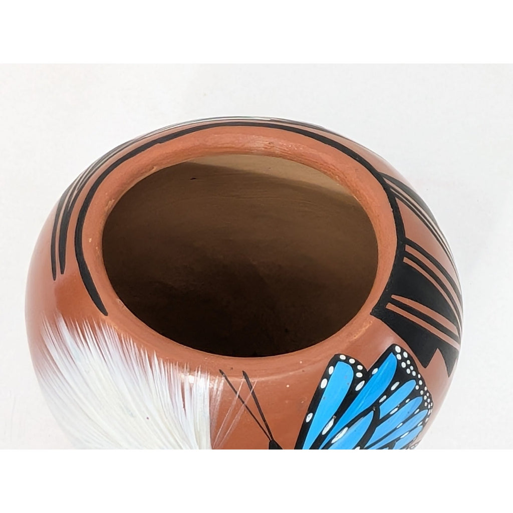 Jemez Pueblo Pottery Vase Blue Butterfly Feather MT Chinana Hand Painted Native