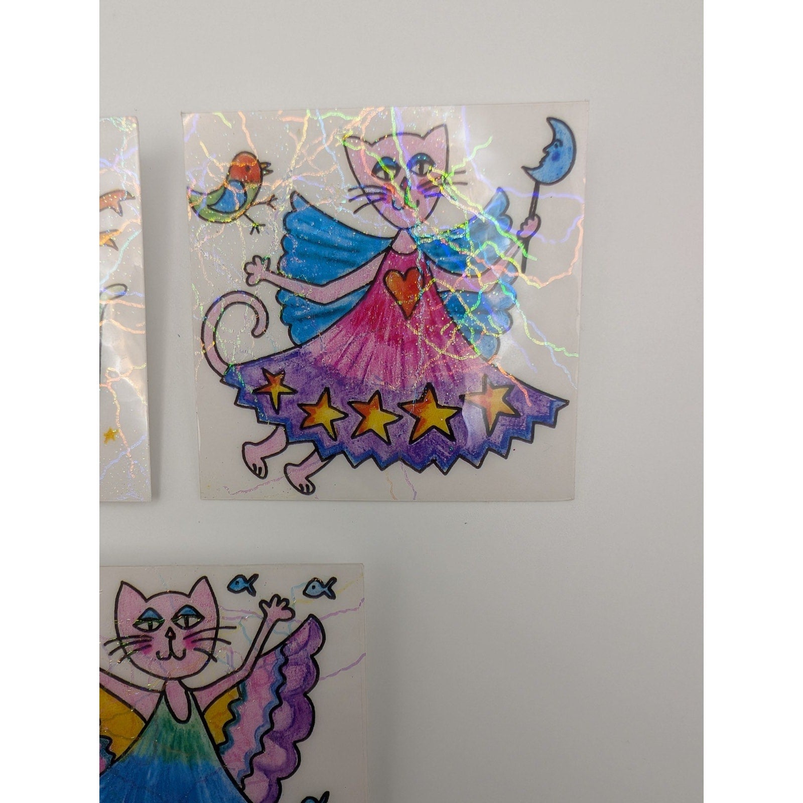 Set of 3 Vintage Holographic Whimsical Fairy Cat Pins