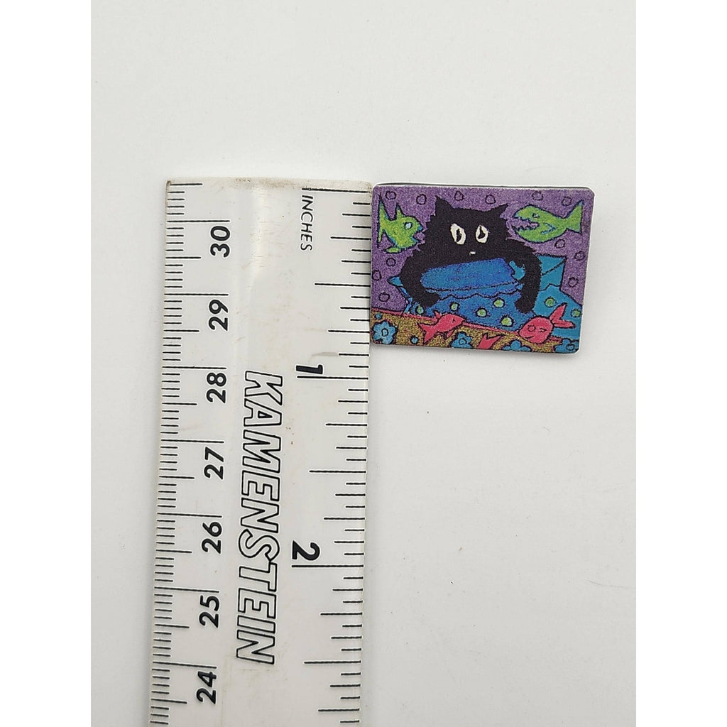 Vintage DVS Signed Black Cat Fishbowl Plastic Brooch Pin Hand Painted Whimsical Artwork
