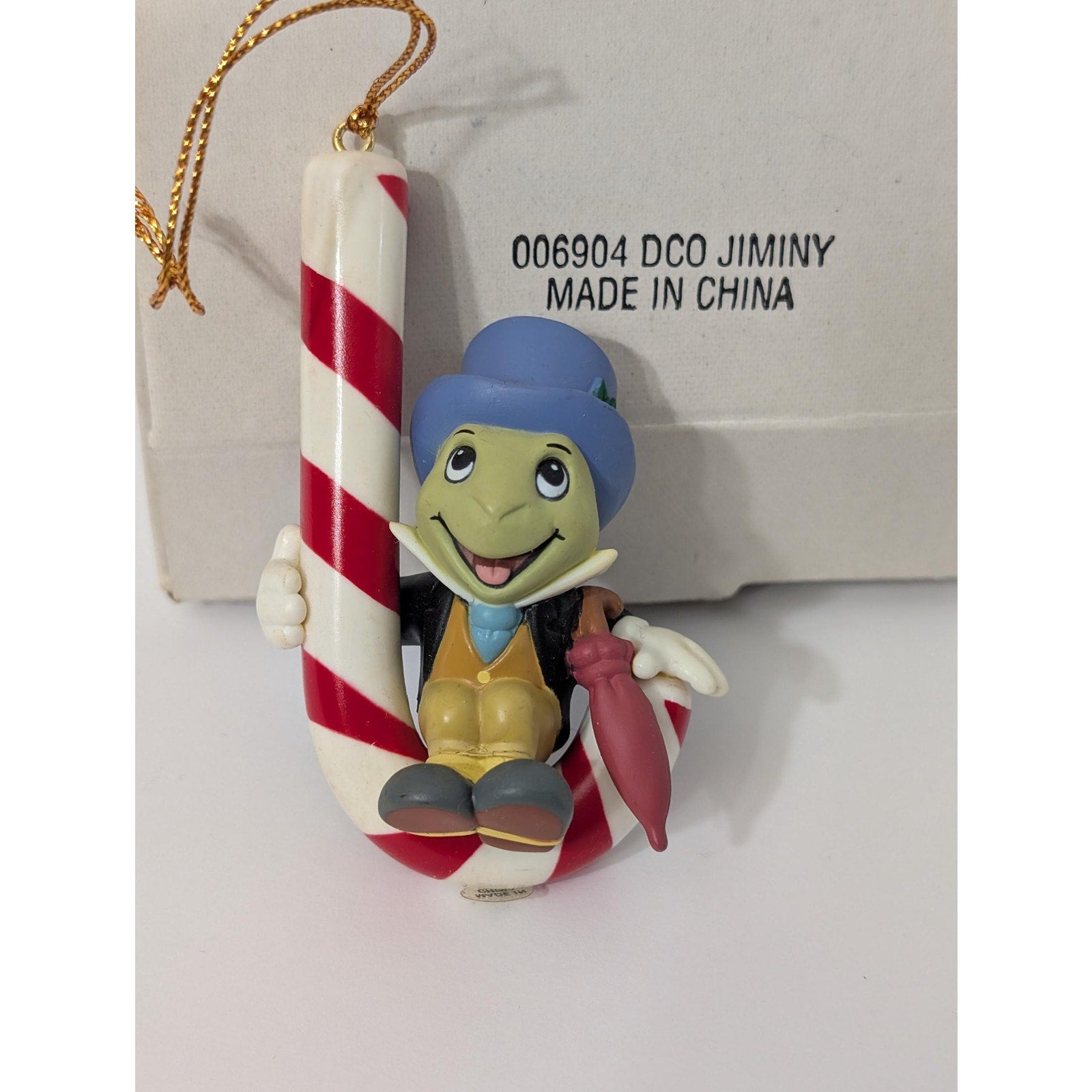006904 Grolier Jiminy Cricket Candy Cane Christmas Ornament Vintage Disney Collectible