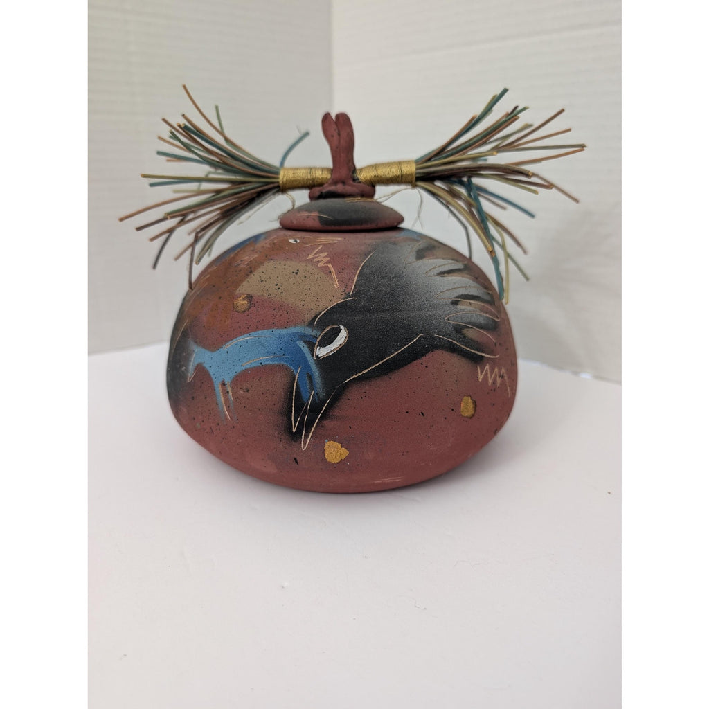 Laura Ross Studio Pottery Lidded Vessel Pine Needle Lid Raven Bird Motif Mixed Media Ceramic Jar Signed Art Pottery Southwest Decor