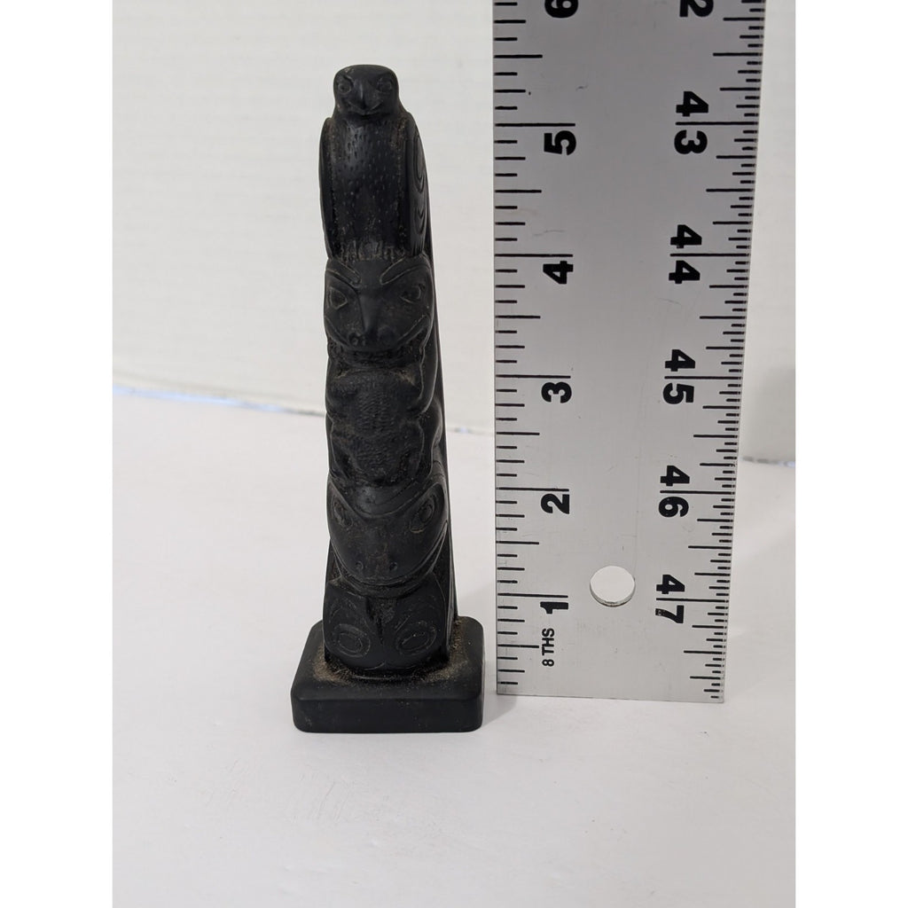 Vintage Totem Pole Figurine Black Resin Stone Eagle Bear Frog Sculpture Canada