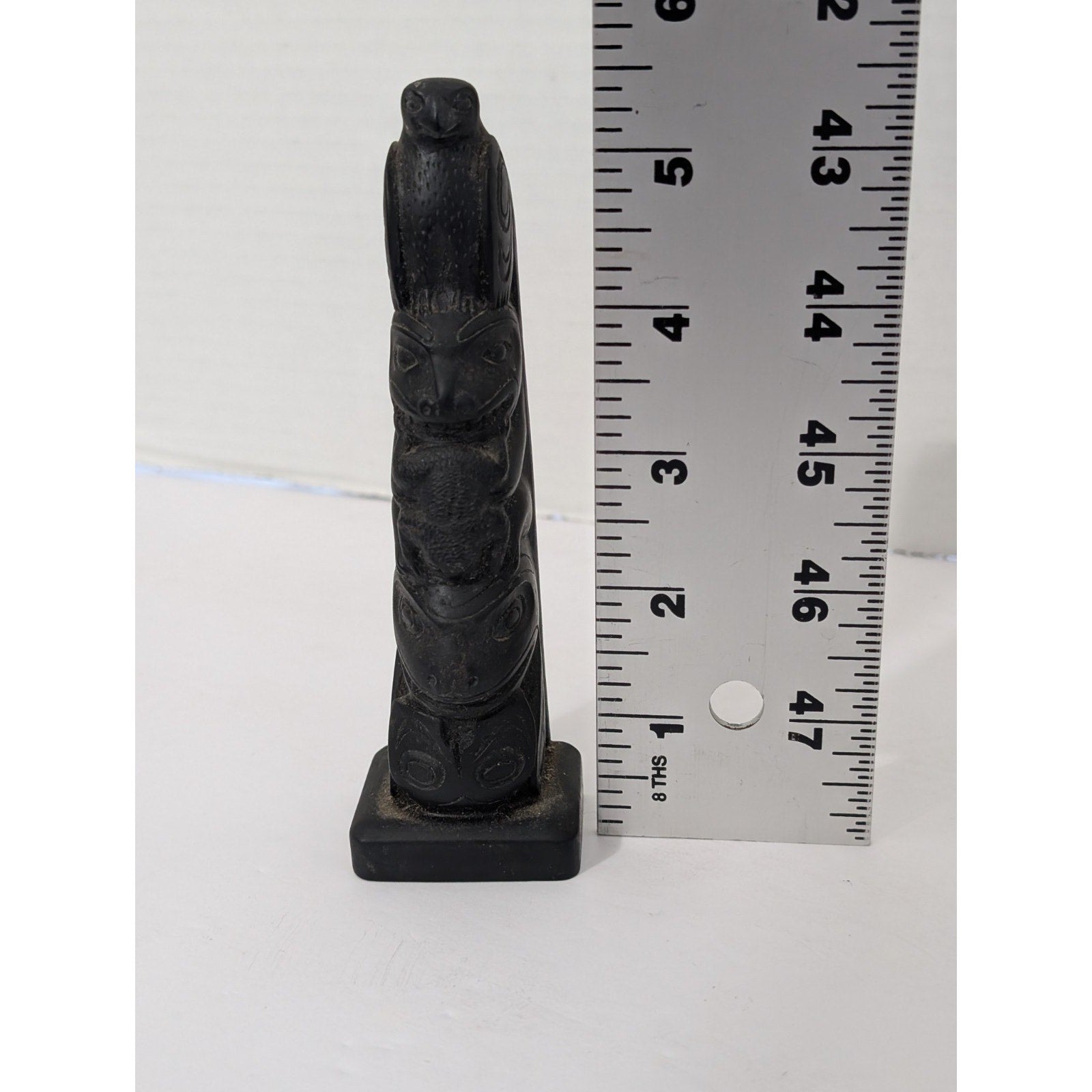 Vintage Totem Pole Figurine Black Resin Stone Eagle Bear Frog Sculpture Canada
