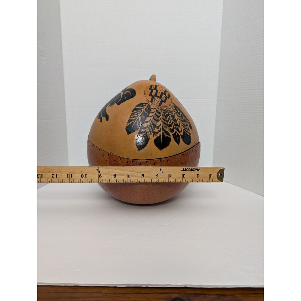 Very Large Native American Hand Painted Gourd Feathers And Buffalo Design