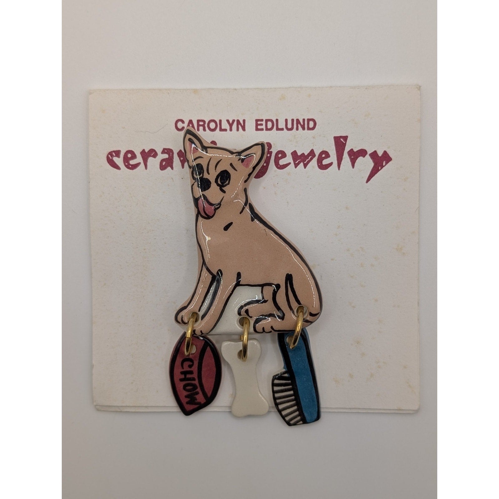 Signed Carolyn Edlund Handcrafted Ceramic Chihuahua Dog Brooch with Dangles
