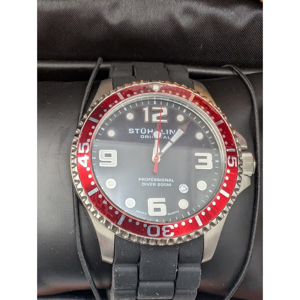 Stührling Original Professional Diver 200M Watch Swiss Quartz Red Bezel New
