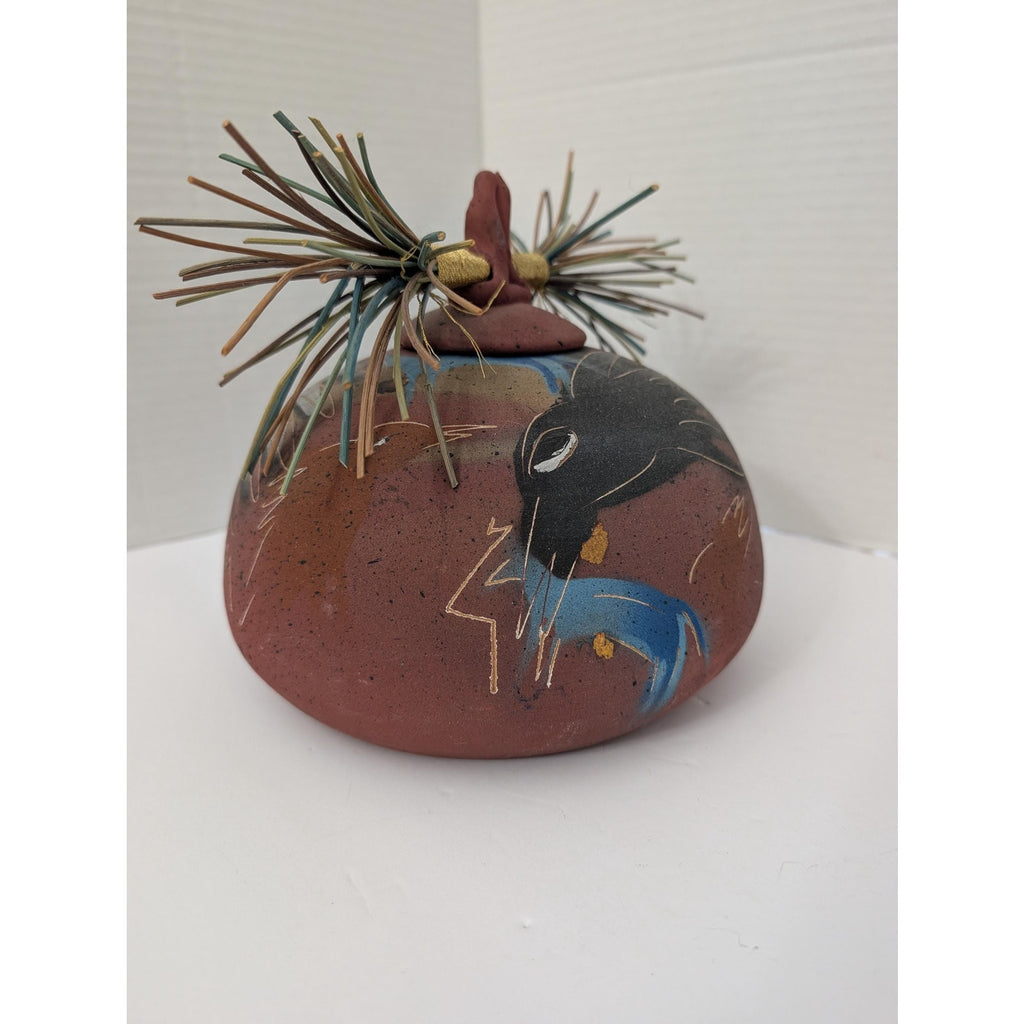 Laura Ross Studio Pottery Lidded Vessel Pine Needle Lid Raven Bird Motif Mixed Media Ceramic Jar Signed Art Pottery Southwest Decor