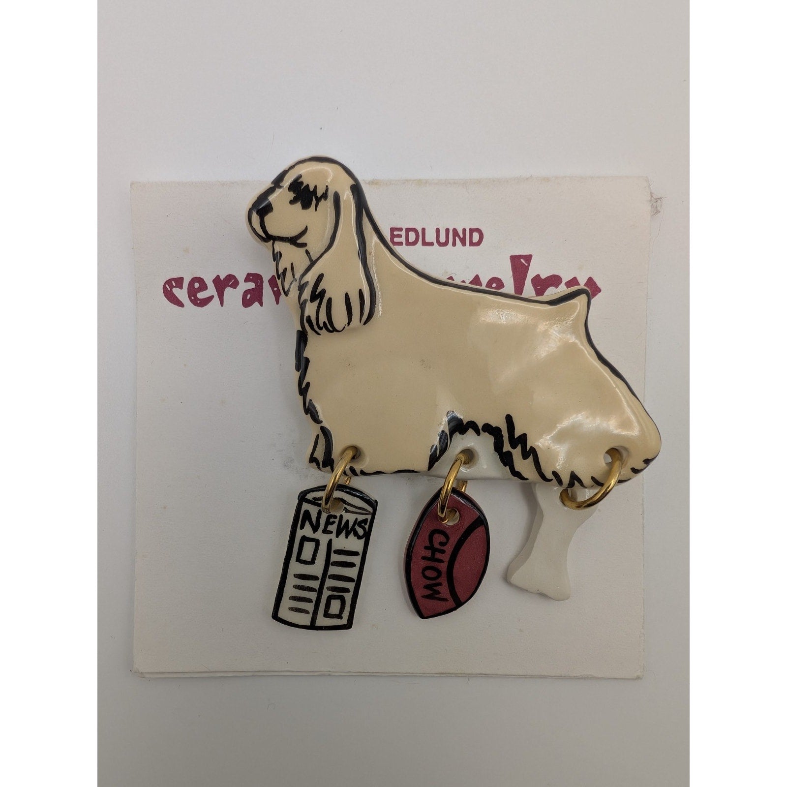 Signed Carolyn Edlund Handcrafted Ceramic Cocker Spaniel Dog Brooch with Dangles