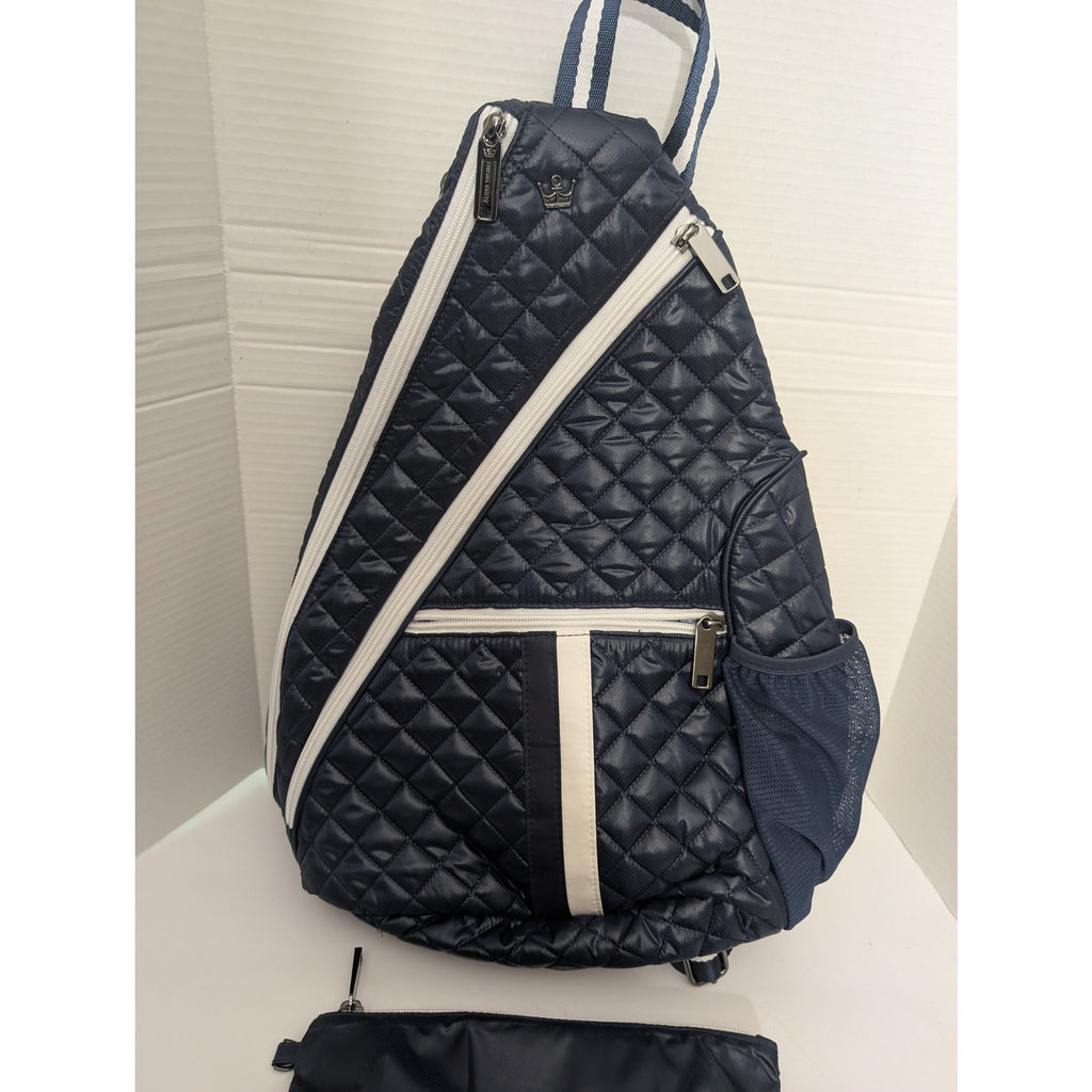 Oliver Thomas Navy Quilted Sling Backpack Dog Print Lining with Pouch