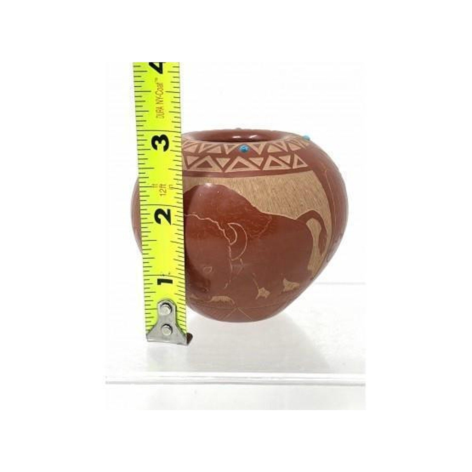 Stunning Native American Red Starr Sioux Buffalo Pottery Vase Turquoise Inlay