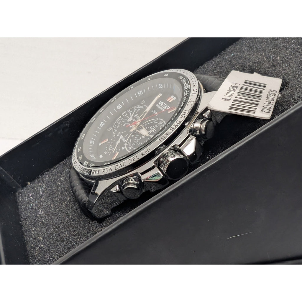 Megir Men's Chronograph Sport Watch Black and Red Genuine Leather & Tachymeter Dial