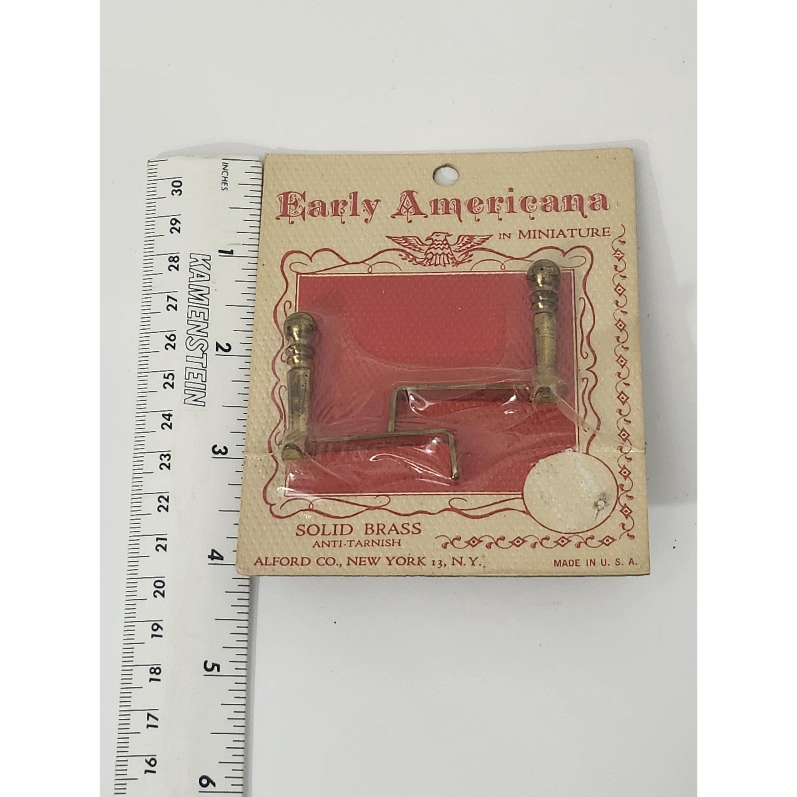 Vintage Early Americana Miniatures Solid Brass Andirons Toy Alford Co New