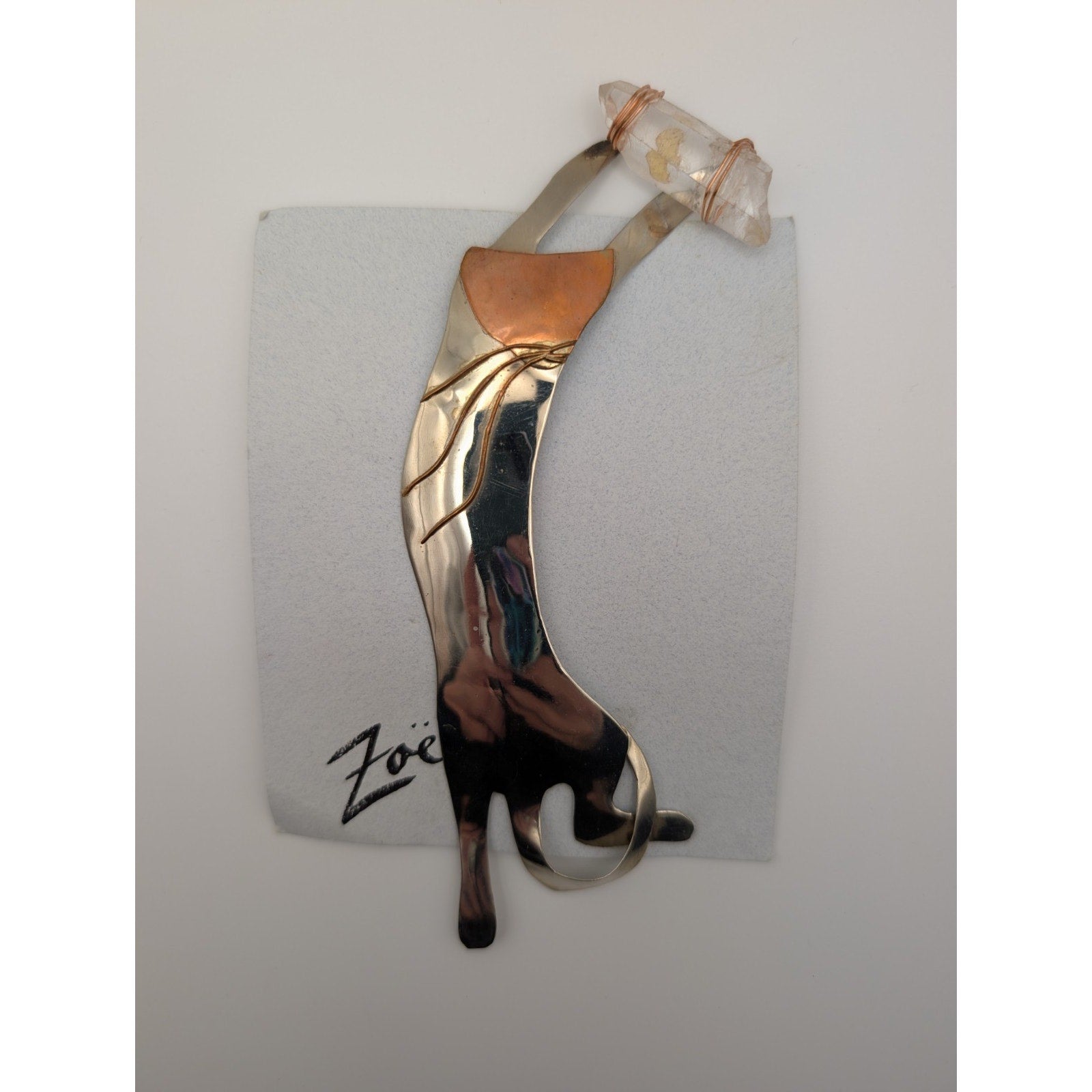 Signed Zoë Artisan Mixed Metal Cat Brooch with Quartz Crystal Point