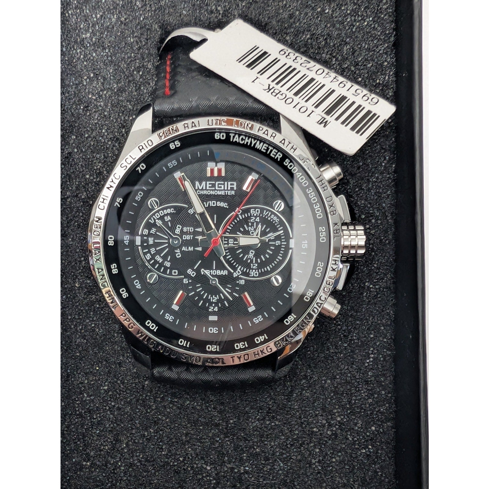 Megir Men's Chronograph Sport Watch Black and Red Genuine Leather & Tachymeter Dial