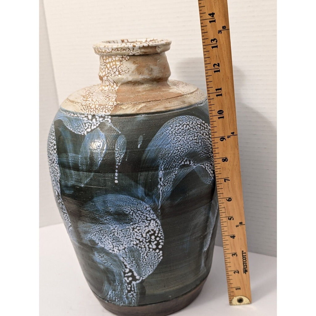 Amazing Drip Glazed Blue Tan Signed Studio Pottery Large Vase