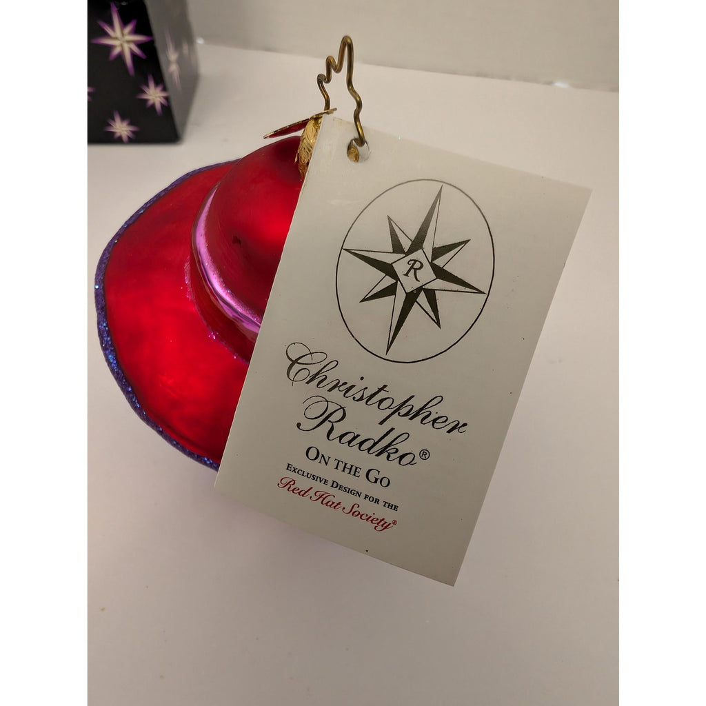 Christopher Radko On The Go Red Hat Society Glass Ornament Boxed Hatbox